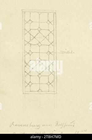 CARL THEODOR REIFFENSTEIN, fenêtre en verre plombé de la mairie de Ravensburg, 20 août 1868, feuille, 85 x 63 mm, crayon sur papier, fenêtre en verre plombé de la mairie de Ravensburg, CARL THEODOR REIFFENSTEIN, page, rubans adhésifs, volume 28, page 26, référence / total, 6 / 6, RAVENSBURG, 19E SIÈCLE, DESSIN, crayon sur papier, MÉLANGE GRAPHITE-ARGILE, PAPIER, DESSIN AU CRAYON, ALLEMAND, ETUDE ARCHITECTURALE, ÉTUDE D'APRÈS Un ARTISANAT, ÉTUDE DE VOYAGE, datée et inscrite ci-dessous, au crayon, Ravensburg am Rathhaus / 20 août 1868. Interligne de fenêtre Banque D'Images