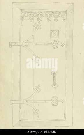 CARL THEODOR REIFFENSTEIN, porte en bois avec ferrures de la mairie de Ravensburg, 19 août 1868, feuille, 128 x 83 mm, crayon sur papier, porte en bois avec ferrures de la mairie de Ravensburg, CARL THEODOR REIFFENSTEIN, page, rubans adhésifs, volume 28, page 26, référence / globale, 3 / 6, RAVENSBURG, 19E SIÈCLE, DESSIN, crayon sur papier, MÉLANGE GRAPHITE-ARGILE, PAPIER, DESSIN AU CRAYON, ALLEMAND, ETUDE ARCHITECTURALE, ÉTUDE D'APRÈS Un ARTISANAT, ÉTUDE D'ORNEMENT, TRAÇAGE, ÉTUDE DE VOYAGE, datée et inscrite ci-dessous, au crayon, + vitre ronde, Ravensburg : Hôtel de ville 19 août 1868 Banque D'Images