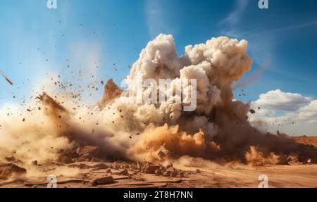 Tempête volante de roche et de poussière pendant le détonateur dynamométrique sur le site minier en Chine Banque D'Images