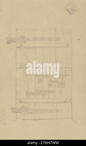 CARL THEODOR REIFFENSTEIN, porte en bois avec ferrures au monastère de Blaubeuren, 22 août 1868, feuille, 121 x 78 mm, crayon sur papier, porte en bois avec ferrures au monastère de Blaubeuren, CARL THEODOR REIFFENSTEIN, page, rubans adhésifs, volume 28, page 34, numéro de pièce / en général, 3 / 5, MONASTÈRE DE BLAUBEUREN, 19E SIÈCLE, DESSIN, crayon sur papier, MÉLANGE GRAPHITE-ARGILE, PAPIER, DESSIN AU CRAYON, ALLEMAND, ETUDE ARCHITECTURALE, ÉTUDE D'APRÈS Un ENGIN, ÉTUDE DE VOYAGE, datée et inscrite en bas à gauche, au crayon, Blaubeuren 22 août 1868. Entrée., numérotée sur la page sous le dessin, au crayon Banque D'Images