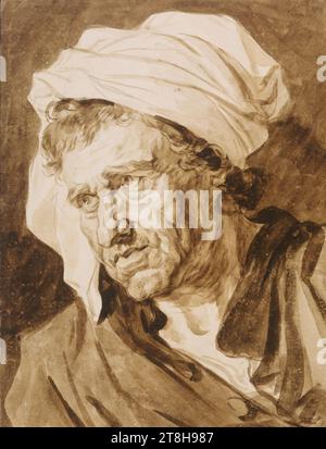 JEAN-HONORÉ FRAGONARD ?, tête d'homme au turban blanc, 1774, feuille, 368 x 280 mm, pinceau brun sur craie noire, traces, sur papier fait main, vieux monté, tête d'homme au turban blanc, JEAN-HONORÉ FRAGONARD ?, 18 . SIÈCLE, CLASSICISME, DESSIN, pinceau en brun sur craie noire, traces, sur papier fait main, vieux monté, ENCRE ?, ENCRE?, CRAIE, PAPIER DE CONSTRUCTION, DESSIN AU PINCEAU, DESSIN À LA CRAIE, FRANÇAIS, DESSIN, ÉTUDE DE PORTRAIT ?, inscrit en bas à gauche, par une main inconnue, avec le stylo en marron, Rome 1774 Fragonard ; en dessous du cadre, au crayon, Honoré Fragonard, en bas à droite de la colonne Banque D'Images