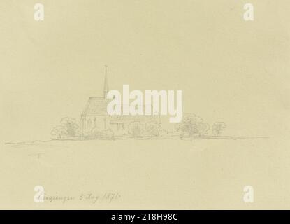 CARL THEODOR REIFFENSTEIN, Église notre-Dame de Lienzingen, 5 août 1871, feuille, 91 x 118 mm, crayon sur papier, Église notre-Dame de Lienzingen, CARL THEODOR REIFFENSTEIN, page, rubans adhésifs, volume 30, page 66, référence / total, 2 / 3, LIENZINGEN, 19E SIÈCLE, DESSIN, crayon sur papier, MÉLANGE GRAPHITE-ARGILE, PAPIER, DESSIN AU CRAYON, ALLEMAND, ÉTUDE ARCHITECTURALE, ÉTUDE DE PAYSAGE, ÉTUDE DE VOYAGE, datée et inscrite en bas à gauche, au crayon, Lienzingen 5 août 1871., numérotée sur la page en dessous du dessin, au crayon, 2 Banque D'Images