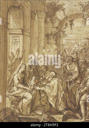 GILBERT FRANCART, adoration des Mages, 1677, feuille, 377 x 288 mm, stylo et pinceau en brun sur papier, vieux monté, avec cadre en or, adoration des Mages, GILBERT FRANCART, 17E SIÈCLE, CLASSICISME BAROQUE FRANÇAIS, DESSIN, stylo et pinceau en marron sur papier, vieux monté, avec cadre en or, ENCRE?, ENCRE?, PAPIER, DESSIN DE STYLO, DESSIN DE PINCEAU, FRANÇAIS, DESSIN D'IMAGE, OEUVRE D'ART POUR Une ESTAMPE?, DESSIN PRÉCOCE POUR Une PEINTURE?, signée et datée dans la représentation dans le soffite de l'arcade, avec la plume en brun, Gilbert. / Francart / po. et fecit / 1677 Banque D'Images