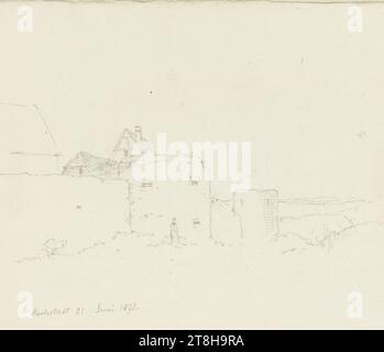 CARL THEODOR REIFFENSTEIN, fortifications de la ville de Hochstadt, 21 juin 1872, feuille, 97 x 122 mm, crayon sur papier, fortifications de la ville de Hochstadt, CARL THEODOR REIFFENSTEIN, page, rubans adhésifs, volume 31, page 16, référence / total, 2 / 4, MAINTAL-HOCHSTADT, 19E SIÈCLE, DESSIN, crayon sur papier, MÉLANGE GRAPHITE-ARGILE, PAPIER, DESSIN AU CRAYON, ALLEMAND, ETUDE ARCHITECTURALE, ÉTUDE DE PAYSAGE, ÉTUDE DE VOYAGE, datée et inscrite en bas à gauche, au crayon, Hochstadt 21 juin 1872., numérotée sur la page à gauche du dessin, avec plume en noir Banque D'Images