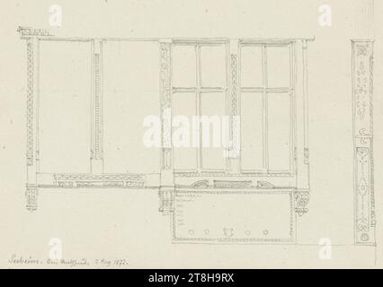 CARL THEODOR REIFFENSTEIN, fenêtre avec sculpture à la mairie de Seeheim, 2 août 1872, feuille, 109 x 143 mm, crayon sur papier, fenêtre avec sculpture à la mairie de Seeheim, CARL THEODOR REIFFENSTEIN, page, rubans adhésifs, volume 31, page 12, référence / total, 2 / 3, SEEHEIM-JUGENHEIM, 19E SIÈCLE, DESSIN, crayon sur papier, MÉLANGE GRAPHITE-ARGILE, PAPIER, DESSIN AU CRAYON, ALLEMAND, ETUDE ARCHITECTURALE, ÉTUDE DE VOYAGE, datée et inscrite en bas à gauche, au crayon, Seeheim. à la mairie. 2 août 1872. ; Inscrit en haut à gauche : 1599. ; Dans l'illustration ci-dessous, la fenêtre gauche est vantée : 1599, numérotée sur Banque D'Images