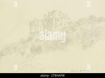 CARL THEODOR REIFFENSTEIN, le château de Marburg, 26 juillet 1874, feuille, 115 x 146 mm, crayon sur papier vélin, le château de Marburg, CARL THEODOR REIFFENSTEIN, page, rubans adhésifs, volume 32, page 7, référence / total, 3 / 3, MARBURG A. D. LAHN, 19E SIÈCLE, DESSIN, crayon sur papier vélin, MÉLANGE GRAPHITE-ARGILE, PAPIER VELOURS, DESSIN AU CRAYON, ALLEMAND, ETUDE ARCHITECTURALE, ÉTUDE DE PAYSAGE, ÉTUDE DE VOYAGE, datée et inscrite en bas à droite, au crayon, Marburg, 26 juillet 1874, numéroté sur la page à gauche du dessin, avec stylo en noir Banque D'Images