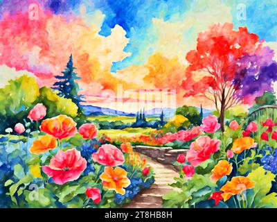 Vibrant Vistas : Spring Garden représente une scène de jardin colorée et animée, remplie d'une gamme de fleurs en fleurs dans différentes nuances et tailles. Illustration de Vecteur