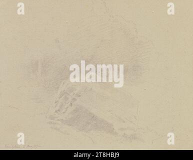 CARL THEODOR REIFFENSTEIN, rocher près de Königstein, 2 août 1876, feuille, 121 x 155 mm, crayon sur papier vélin, rocher près de Königstein, CARL THEODOR REIFFENSTEIN, page, rubans adhésifs, volume 34, page 24, référence / total, 1 / 2, Königstein DANS LA RÉGION DE TAUNUS, 19E SIÈCLE, DESSIN, crayon sur papier vélin, MÉLANGE GRAPHITE-ARGILE, PAPIER VELOURS, DESSIN AU CRAYON, ALLEMAND, ÉTUDE DE LA NATURE, ÉTUDE DU PAYSAGE, ÉTUDE DU VOYAGE, datée et inscrite en bas à gauche, avec crayon, Königstein 2 août 1876., numérotée sur la page à droite du dessin, avec stylo en noir Banque D'Images