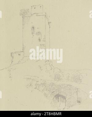 CARL THEODOR REIFFENSTEIN, Château de Falkenstein, 23 août 1877, feuille, 150 x 118 mm, crayon sur papier vélin, Château de Falkenstein, CARL THEODOR REIFFENSTEIN, page, rubans adhésifs, volume 34, page 45, référence / total, 2 / 3, FALKENSTEIN BURG, KOENIGSTEIN im TAUNUS, 19E SIÈCLE, DESSIN, crayon sur papier vélin, MÉLANGE GRAPHITE-ARGILE, PAPIER VELOURS, DESSIN AU CRAYON, ALLEMAND, ETUDE ARCHITECTURALE, ÉTUDE DE VOYAGE, datée et inscrite en bas à gauche, au crayon, Falkenstein 23 août 77., numérotée sur la page en dessous du dessin, avec plume en noir, inscrite sur la page en dessous du dessin, au crayon Banque D'Images