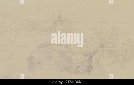 CARL THEODOR REIFFENSTEIN, derrière Felsblocken Falkenstein avec l'église paroissiale baroque abandonnée, 5 août 1877, feuille, 120 x 154 mm, crayon sur papier vélin, derrière Felsblocken Falkenstein avec l'église paroissiale baroque abandonnée, CARL THEODOR REIFFENSTEIN, page, rubans adhésifs, volume 34, page 62, référence / total, 2 / 2, Königstein-FALKENSTEIN, 19E SIÈCLE, DESSIN, crayon sur papier vélin, MÉLANGE GRAPHITE-ARGILE, PAPIER VELOURS, DESSIN AU CRAYON, ALLEMAND, ÉTUDE DE PAYSAGE, ÉTUDE ARCHITECTURALE, ÉTUDE DE VOYAGE, datée et inscrite en bas à gauche, au crayon, Falkenstein 5 août 1877, numérotée sur Banque D'Images