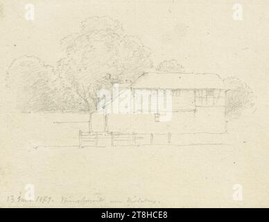 CARL THEODOR REIFFENSTEIN, Bâtiment sur la Pfingstweide à Francfort-sur-le-main, 13 juin 1879, feuille, 108 x 148 mm, crayon sur papier, Bâtiment sur la Pfingstweide à Francfort-sur-le-main, CARL THEODOR REIFFENSTEIN, page, rubans adhésifs, volume 36, page 4, référence / total, 2 / 2, FRANCFORT AM MAIN, 19E SIÈCLE, DESSIN, crayon sur papier, MÉLANGE GRAPHITE-ARGILE, PAPIER, DESSIN AU CRAYON, ALLEMAND, ÉTUDE ARCHITECTURALE, ÉTUDE DE PAYSAGE, ÉTUDE DE VOYAGE, daté et inscrit en bas à gauche, au crayon, 13 juin 1879., Whitsun Willow sur Röderberg. ; inscrit en haut à gauche, au crayon, 54., 1755, numéroté sur Banque D'Images