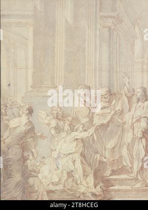 JEAN JOUVENET, Pierre et Jean guérissent un homme boiteux, feuille, 336 x 247 mm, stylo rouge, gris lavis, carré au stylet, sur papier, vieux monté, Pierre et Jean guérissent un homme boiteux, JEAN JOUVENET, 17E SIÈCLE, CLASSICISME BAROQUE FRANÇAIS, DESSIN, stylo rouge, gris lavage, carré avec le stylet, sur papier, vieux monté, CRAIE?, ENCRE, ENCRE, PAPIER, DESSIN AU STYLO, DESSIN AU PINCEAU, SQUAREING, PARFUM, FRANÇAIS, DESSIN AU FORMAT IMAGE, DESIGN POUR UNE PEINTURE Banque D'Images