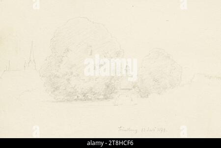 CARL THEODOR REIFFENSTEIN, à gauche l'église de la ville de Friedberg notre-Dame, au milieu entre les arbres une chapelle, 12 juillet 1879, feuille, 115 x 152 mm, crayon sur papier, à gauche l'église de la ville de Friedberg notre-Dame, au milieu entre les arbres une chapelle, CARL THEODOR REIFFENSTEIN, page, rubans adhésifs, volume 36, page 13, référence / total, 1 / 3, FRIEDBERG, HESSEN, 19E SIÈCLE, DESSIN, crayon sur papier, MÉLANGE GRAPHITE-ARGILE, PAPIER, DESSIN AU CRAYON, ALLEMAND, ÉTUDE DE PAYSAGE, ÉTUDE ARCHITECTURALE, ÉTUDE DE VOYAGE, daté et inscrit en bas à droite, au crayon, Friedberg 12 juillet 1879., numéroté Banque D'Images