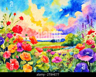Vibrant Vistas : Spring Garden représente une scène de jardin colorée et animée, remplie d'une gamme de fleurs en fleurs dans différentes nuances et tailles. Illustration de Vecteur