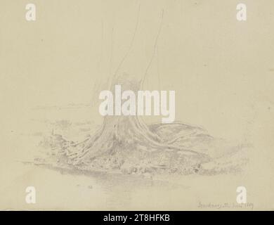 CARL THEODOR REIFFENSTEIN, porte-greffe d'un arbre à Isenburg, 21 juin 1889, feuille, 119 x 159 mm, crayon sur papier, porte-greffe d'un arbre à Isenburg, CARL THEODOR REIFFENSTEIN, page, rubans adhésifs, volume 42, page 3, référence / total, 1 / 2, ISENBURG, 19E SIÈCLE, DESSIN, crayon sur papier, MÉLANGE GRAPHITE-ARGILE, PAPIER, DESSIN AU CRAYON, ALLEMAND, ÉTUDE D'ARBRE, ÉTUDE DE VOYAGE, ÉTUDE, datée et inscrite en bas à droite, au crayon, Isenburg. 21 juin 1889 Banque D'Images