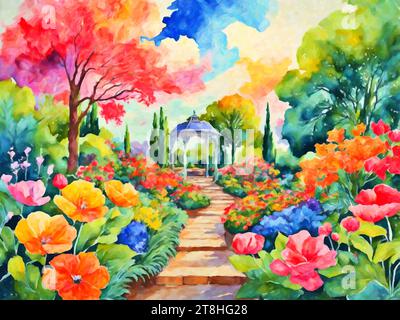 Vibrant Vistas : Spring Garden représente une scène de jardin colorée et animée, remplie d'une gamme de fleurs en fleurs dans différentes nuances et tailles. Illustration de Vecteur