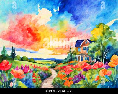 Vibrant Vistas : Spring Garden représente une scène de jardin colorée et animée, remplie d'une gamme de fleurs en fleurs dans différentes nuances et tailles. Illustration de Vecteur