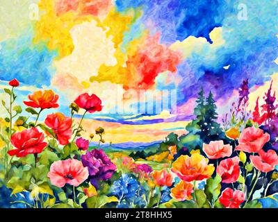 Vibrant Vistas : Spring Garden représente une scène de jardin colorée et animée, remplie d'une gamme de fleurs en fleurs dans différentes nuances et tailles. Illustration de Vecteur