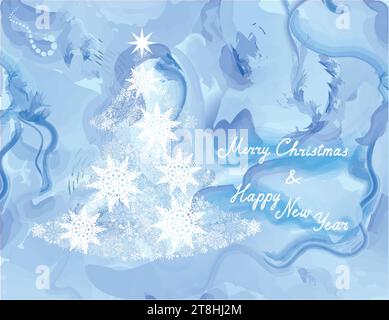 Carte de voeux de vacances de Noël avec arbre de noël et flocons de neige. LETTRAGE MANUSCRIT JOYEUX NOËL ET BONNE ANNÉE. Noël vacances hiver flor Illustration de Vecteur