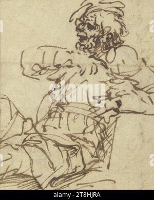 SALVATOR ROSA, homme barbu assis sur le sol avec un chapeau, 1660 - 1669, feuille, 74 x 56 mm, stylo brun sur papier fait à la main, vieux monté, avec cadre en or, homme barbu assis sur le sol avec un chapeau, SALVATOR ROSA, 17e SIÈCLE, BAROQUE, DESSIN, stylo brun sur papier fait à la main, vieux monté, avec cadre en or, ENCRE?, ENCRE?, PAPIER FAIT À LA MAIN, DESSIN AU STYLO, NAPOLITAIN, ÉTUDE DE FIGURE, CROQUIS Banque D'Images