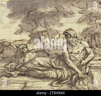 JOSEPH ANTON KOCH, dieu du fleuve Tibre avec lionne, reposant à la source, ca. 1805, feuille, 219 x 247 mm, stylo brun, lavage gris, carré au crayon, ligne de bordure sur tous les côtés, sur papier vélin beige, dieu du fleuve Tibre avec lionne, sur la Source au repos, JOSEPH ANTON KOCH, 19E SIÈCLE, DESSIN, stylo brun, lavage gris, carré au crayon, ligne de bordure sur tous les côtés, sur papier vélin beige, ENCRE?, ENCRE?, PAPIER VELOURS, DESSIN À LA PLUME, LAVAGE, QUADRATURE, AUTRICHIEN, ÉTUDE DE FIGURE, ÉTUDE DE COMPOSITION, inscrit en bas à droite, au crayon, Koch ? Banque D'Images