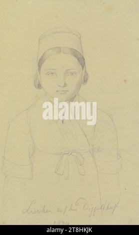 AUGUST Lucas, portrait d'une fille de fermier, 1824, feuille, 176 x 113 mm, crayon sur papier VÉLIN brunâtre, portrait d'une fille de fermier, AUGUST Lucas, ferme dans un paysage, Dippelshof?, 19e SIÈCLE, DESSIN, crayon sur papier VÉLIN brunâtre, MÉLANGE D'ARGILE GRAPHITE, PAPIER VELIN, DESSIN AU CRAYON, ALLEMAND, ÉTUDE DE PORTRAIT, datée et inscrite au centre inférieur, au crayon, Lieschen sur le Dippelshof / 1824 Banque D'Images