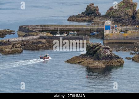 Bateau de pêche approchant l'entrée du port, St Abbs, Écosse Banque D'Images