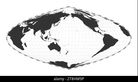 Carte du monde vectorielle. Projection parabolique Craster. Carte géographique du monde simple avec des lignes de latitude et de longitude. Centré sur une longitude de 180 degrés. Vecteur i Illustration de Vecteur