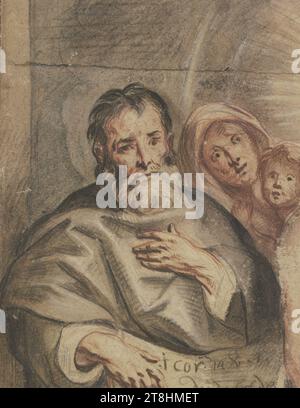 JACOB JORDAENS ?, vieil homme avec jeune femme et petit enfant, Sainte famille?, feuille, 209 x 164 mm, stylo rouge et noir, gris-brun, rehaussé de blanc, bordure en noir sur tous les côtés, sur papier, vieil homme avec jeune femme et petit enfant, Sainte famille?, JACOB JORDAENS ?, 17E SIÈCLE, BAROQUE, DESSIN, stylo rouge et noir, lavis gris-brun, rehaussé de blanc, ligne de bordure en noir sur tous les côtés, sur papier, CRAIE?, FUSAIN?, COLONNE ROUGE?, ENCRE ?, ENCRE ?, BLANC OPAQUE, PAPIER, DESSIN AU STYLO, DESSIN À LA CRAIE?, DESSIN AU FUSAIN?, DESSIN EN COULEUR ROUGE?, LAVAGE, HIGHTENING BLANC, FLAMAND, ÉTUDE DE FIGURE Banque D'Images