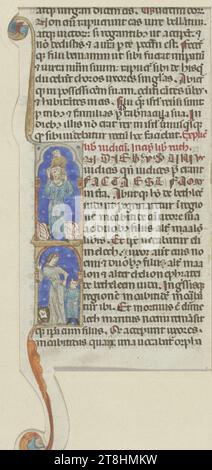 BOLOGNAISE, 14e SIÈCLE, initiale I : au-dessus de Saint Christophe, portant l'enfant Jésus sur ses épaules, au-dessous d'une femme tenant un enfant par la main, fragment de texte verso, vers 1300, fragment d'un manuscrit, feuille, max 182 x max 80 mm, pinceau en bleu, turquoise, rouge, marron et gris, rehaussé de feuilles d'or et blanc, sur parchemin, initiale I : au-dessus, Saint Christophe, portant l'enfant Jésus sur ses épaules, au-dessous d'une femme, tenant un enfant dans sa main tenant, fragment de texte verso, fragment d'un manuscrit, bolonais, 14e siècle, 14e siècle, GOTHIQUE, DESSIN, pinceau en bleu, turquoise Banque D'Images