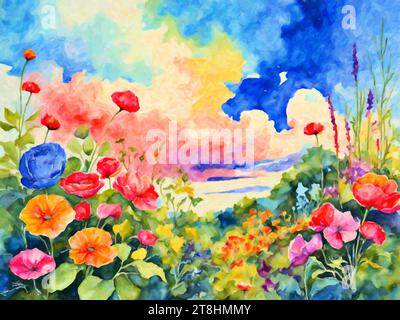 Vibrant Vistas : Spring Garden représente une scène de jardin colorée et animée, remplie d'une gamme de fleurs en fleurs dans différentes nuances et tailles. Illustration de Vecteur