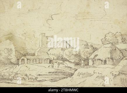 DOMENICO CAMPAGNOLA ?, Paysage avec champs de céréales et vaches en pâturage devant un village, feuille, 164 x 240 mm, stylo brun sur papier, Paysage avec champs de céréales et vaches en pâturage devant un village, DOMENICO CAMPAGNOLA ?, 16E SIÈCLE 17E SIÈCLE, DESSIN, stylo et stylo brun sur papier, ENCRE?, ENCRE?, PAPIER, DESSIN AU STYLO, VÉNITIEN, ÉTUDE DU PAYSAGE, ÉTUDE ARCHITECTURALE, non étiqueté Banque D'Images