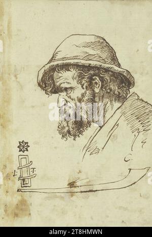 LAZZARO TAVARONE ?, tête d'homme barrée avec chapeau de profil à gauche, feuille, 275 x 189 mm, stylo brun sur papier vergé, vieux monté, tête d'homme barrée avec chapeau de profil à gauche, LAZZARO TAVARONE ?, 17e SIÈCLE, BAROQUE, DESSIN, stylo en marron sur papier vergé, vieux monté, ENCRE?, ENCRE?, PAPIER vergé, DESSIN AU STYLO, GÉNOIS, ÉTUDE, marqué au milieu à gauche, avec le stylo en marron, L, T Banque D'Images