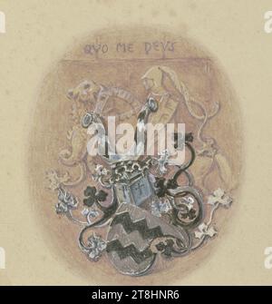 ALLEMAND, 19e SIÈCLE, armoiries avec devise QVO ME DEVS, feuille, 213 x 157 mm, pinceau en brun, noir, bleu et argent sur crayon, rehaussé de blanc, sur carton, armoiries avec devise QVO ME DEVS, allemand, 19e siècle, page, album adhésif de Marie Auguste Emilie Freiin von Günderrode, page 3, numéro de pièce / total, 1 / 1, 19e SIÈCLE, DESSIN, pinceau en brun, noir, bleu et argent sur crayon, rehaussé de blanc, sur carton, AQUARELLE?, COULEUR OPÉRATION?, MÉLANGE D'ARGILE DE GRAPHITE, CARTON, DESSIN DE PINCEAU, AQUARELLE?, DESSIN DE COULEUR D'OPÉRATION?, HIGHTENING BLANC, DESSIN AU CRAYON Banque D'Images