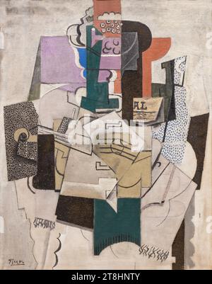 Londres, Royaume-Uni - Mai 2023 : plat de fruits, bouteille et peinture au violon de Pablo Picasso, un exemple du cubisme, le mouvement artistique initiat du début du XXe siècle Banque D'Images