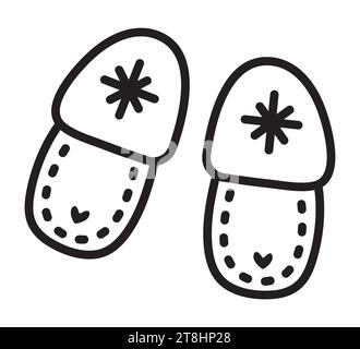 Ligne noire chaussons maison doodle, icône vectorielle monochrome, pictogramme mignon Illustration de Vecteur