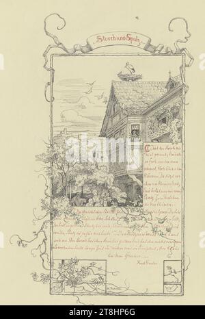 MINNA ROBERTH, cigogne et moineau, ca. 1894, feuille, 374 x 273 mm, stylo noir et rouge sur crayon, rehaussé de blanc, sur papier, cigogne et moineau, MINNA ROBERTH, 19E SIÈCLE, DESSIN, stylo en noir et rouge sur crayon, rehaussé de blanc, sur papier, ENCRE?, ENCRE?, COULEUR D'OPÉRATION, MÉLANGE GRAPHITE-TON, PAPIER, DESSIN DE STYLO, HIGHTENING BLANC, DESSIN AU CRAYON, ALLEMAND, DESSIN DE TAILLE IMAGE, PUBLIC POUR UNE ILLUSTRATION?, signé ci-dessous, avec stylo en noir, M. Roberth. ; inscrit sur toute la feuille, avec le stylo en rouge, / cigogne et moineau / la cigogne a construit son / nid ; et comme / il Banque D'Images