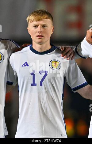 Roeselare, Belgique. 17 novembre 2023. Lyall Cameron (17 ans) d'Ecosse photographié lors d'un match de football entre les équipes nationales des moins de 21 ans de Belgique et d'Ecosse lors de la 4 e journée de match dans le groupe B lors de la qualification du Championnat des moins de 21 ans de l'EUFA, le samedi 17 novembre 2023 à Roeselare, Belgique .(photo de David Catry/Isosport) crédit : Sportpix/Alamy Live News Banque D'Images