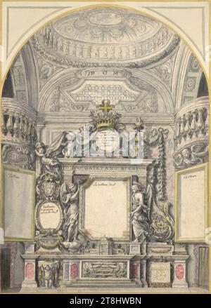 Dessin d'une salle d'autel, dessins du mobilier du Minimenkonvent à Vienne, Pierre Paul Sevin, Tournon 1650 - 1710 Tournon, entre 1689 et 1698, dessin, plume en gris, gris lavis, jaune, aquarelles roses et bleues, 39,3 x 28, 5 cm, au-dessus du retable inscrit : '.,O.M.', dans le retable inscrit 'dance rond sera un tableau de Dieu le Père ou la Medal de St. Gayetan.', dans l'entablement de l'autel inscrit 'DIVO GAITANO DICATUMm' et dans les champs vides réservés aux retables appelés 'le tableau du St.', au milieu, 'Tableau', respectivement à droite et à gauche Banque D'Images