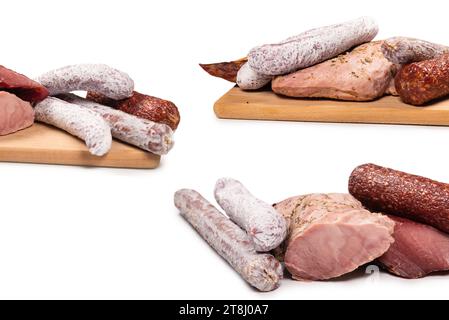 Divers de viande, viande fumée, saucisse, salami isolé sur fond blanc. Banque D'Images