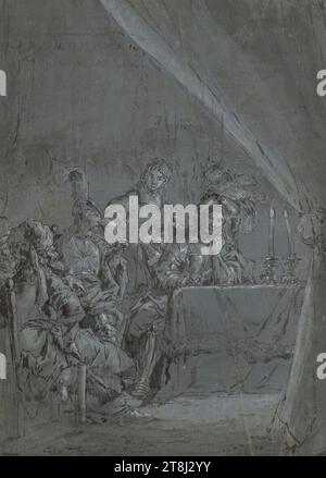 Soirée table d'un général, Leonaert Bramer, Delft 1596 - 1674 Delft, dessin, pinceau en gris, gris lavage, blanc opaque, sur papier bleu ; pli continu, légèrement incliné à droite. moitié de feuille ; sur le bord gauche déchiré 4 cm de profondeur ; légèrement renard., 36,7 x 26,6 cm, numéroté à gauche. bas dans la main de quelqu'un d'autre : '29378 Banque D'Images