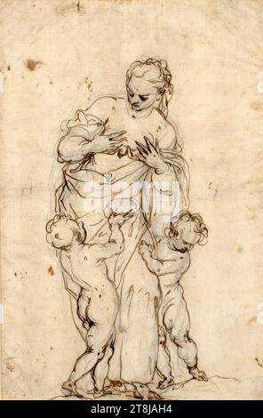 Allégorie de Caritas, Alessandro Maganza, Italie, 1556 - 1630/40, dessin, crayon en plomb ; plume ; teinté, 28,8 x 20,4 cm, initiale illisible du stylo « man », en bas à gauche Banque D'Images