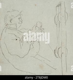 Caricature : Autoportrait avec bobine de fil, Moritz von Schwind, Vienne 1804 - 1871 Niederpöcking/Munich, 1840-1845, dessin, encre, stylo; signature : crayon, selon Cahier : 23,2 x 22,2 cm, Autriche Banque D'Images