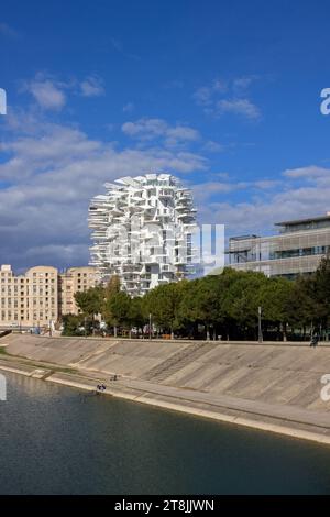 Bâtiment moderne ' l'arbre blanc ', les berges du Lez. Montpellier, Occitanie, France Banque D'Images