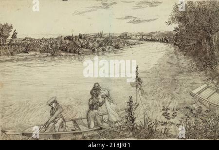 Linz de la rive gauche du Danube sous l'île Strasser avec une scène de figure représentant le départ pour une excursion en bateau, 1824, dessin, plume et brun, 22 x 34,6 cm, 8 11/16 x 13 5/8 po., re.bottom., sur le deuxième plateau: 'I.K. 3ter 7br 14 8br 1824', stylo en brun Banque D'Images