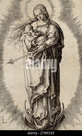 Marie avec l'enfant sur le croissant de lune, Lucas Hugensz. Van Leyden, Leiden 1494 - 1533 Leiden, 1523, tirage, gravure sur cuivre, planche : 11,7 x 7,4 cm, selon New Hollstein Banque D'Images