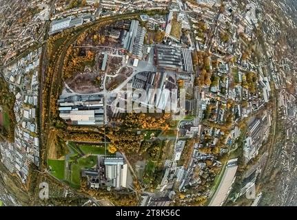 Luftbild, Westpark mit alten Werkshallen des Bochumer Verein und Jahrhunderthalle Veranstaltungsort und Eventlocation, Wohngebiet umgeben von herbstlichen Laubbäumen, Erdkugel, Fisheye Aufnahme, Fischaugen Aufnahme, 360 Grad Aufnahme, petit monde, petite planète, fisheye Bild, Kruppwerke, Bochum, Ruhrgebiet, Nordrhein-Westfalen, Deutschland ACHTUNGxMINDESTHONORARx60xEURO *** vue aérienne, Westpark avec les anciennes salles d'usine du Bochumer Verein et Jahrhunderthalle lieu et lieu de l'événement, zone résidentielle entourée d'arbres décidus automnaux, globe terrestre, image fisheye, image fisheye, 360 degre Banque D'Images