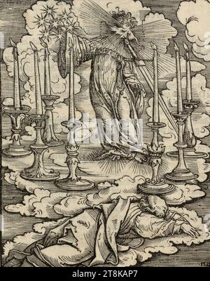 Johannes voit les sept chandeliers, illustrations de l'apocalypse, Hans Burgkmair l'ancien. ä., Augsburg 1473 - 1531 Augsburg, 1523, tirage, gravure sur bois, planche : 16,3 x 13,1 cm Banque D'Images