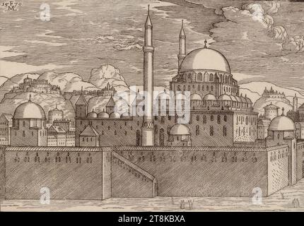 Vue d'une ville avec une grande mosquée et au loin une petite ville sur la montagne, des figures bien travaillées et taillées Anno 1619, Melchior Lorch, Flensburg vers 1527 - après 1583 Copenhague, Rome ou Hambourg, 1570, estampe, Woodcut, feuille : 18,6 x 25,9 cm Banque D'Images
