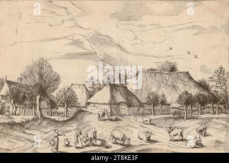 Petit paysage : fermes, bétail avec berger et laitière au premier plan, les petits paysages, 1e partie, 1559, imprimer, gravure, feuille : 13,5 x 19,8 cm Banque D'Images